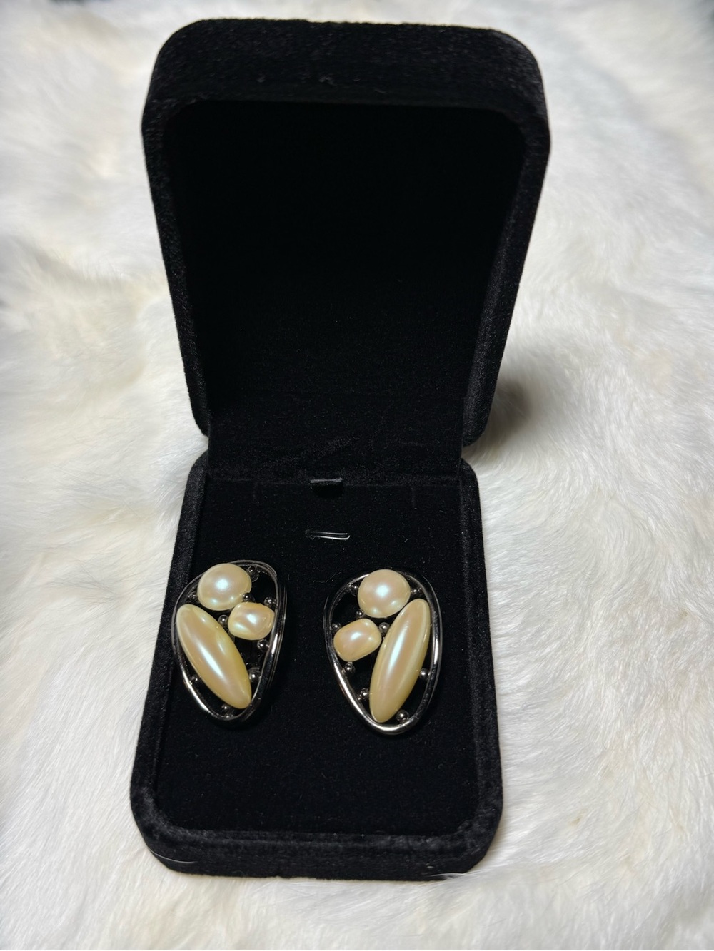 Vintage Givenchy faux Pearl Accent Cream and Black Earrings in Gunmetal/Pewter